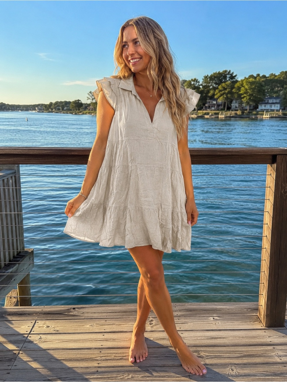 Umgee Cream Ruffle Sleeve Dress